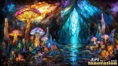 A mosaic glass cave with bright mushrooms and a blue opening in the back