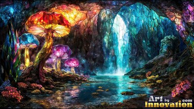 In a bright stained glass cavern, giant mushrooms grow around a pool of water