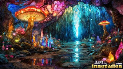 Sprouting beside wet stone pools, giant stained-tinted glass mushrooms fill a bright cave