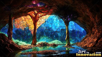 Stained glass trees by a blue pool inside a deep cave