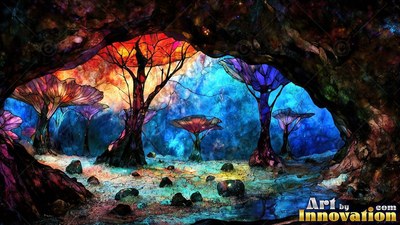 Bright red-topped mushroom trees fill a deep cave under blue sky light
