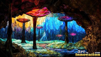 Tall mushrooms grow inside a dark cave lit by bright blue and pink colored glass