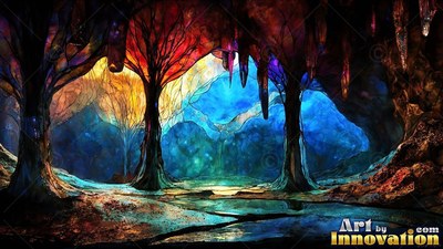 Facing outward from a dark cavern filled with red stalactites and blue pools