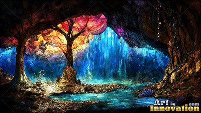 Trees with pink stained-glass leaves stand by a blue pool inside a dim cave