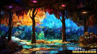 In a leaded glass forest, dark mushroom trees stand over blue pools
