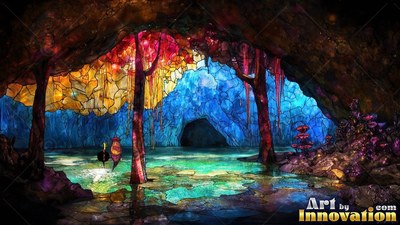 Rising from a pool, glass trees fill a dark cavern with red and blue light
