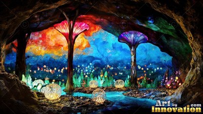 Giant pink and purple mushrooms inside a dark cave pool
