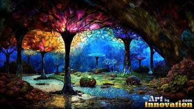 Canopies of leaded purple glass top slender trees in a dark forest by a bright blue cavern