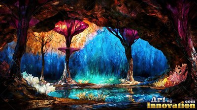 Tall purple mushroom trees stand around a pond beneath bright blue cave light