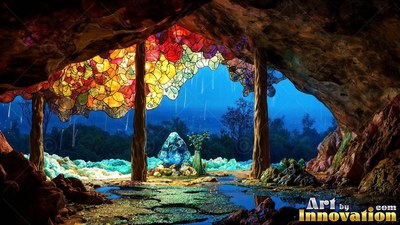 Facing out from inside a cave under colorful stained glass leaves