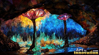 Two pink colored glass mushrooms sprout in a dim cave with bright blue crystals