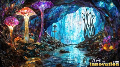 In a blue rocky cave, tall stained glass mushrooms grow along a stream