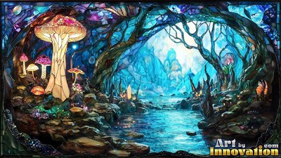 Rising beside a blue river, a tall mushroom lights a stained glass forest cave