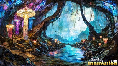 Stained colored glass mushrooms inside a blue cave with a stream