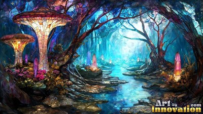Tall mosaic-patterned mushroom caps rise beside a blue stream in a stained glass forest