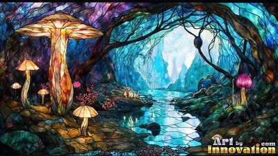 Tall mosaic glass mushrooms grow along a river under bright blue light