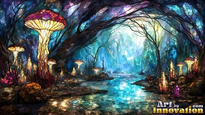 Standing tall along a blue pool, leaded colored glass mushrooms line a dark wood