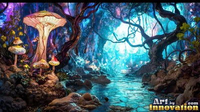 Lit-up mushrooms grow along a stony path inside a dark blue forest