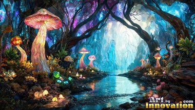 In a dark forest stream, tall pink mushrooms stand under blue light