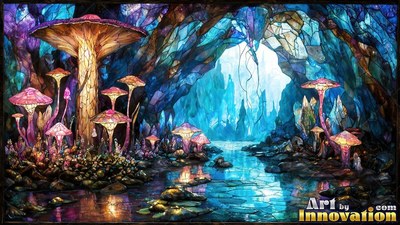 Rising beside a calm cave pool, pink clear glass mushrooms stand inside a blue cavern
