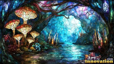 Stained glass cave with bright mushrooms and a blue pool