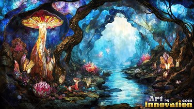 A tall striped mushroom stands on rocky banks beside a blue stream in a shadowy cave
