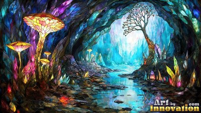 Colored glass mushrooms rise in a crystal cavern by a stream shining in soft blue light