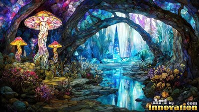 Standing tall in a cave, leaded colored glass mushrooms rise beside a blue pool
