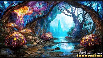 Leaded glass forest with bright mushrooms along a winding blue stream