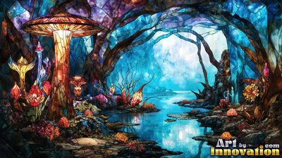 In a blue stained glass cavern, tall mushroom plants grow beside a quiet pool