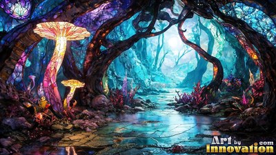 Shining along a forest path, a tinted glass mushroom rises under dark twisted trees