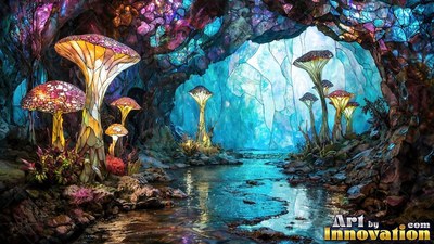 Colored tinted glass mushrooms line a stream in a blue cavern