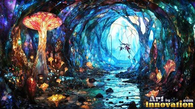A wide orange cap tops a giant mushroom beside a blue stained-glass cavern path