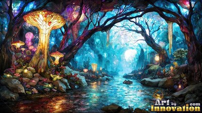 A glass mushroom tree stands beside a dark stream reflecting bright blue and yellow light