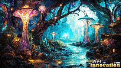 Standing tall beside a dark stream, purple stained-glass mushrooms light a blue forest path