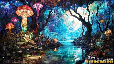 Bright stained-glass mushrooms line a dark stream in a blue forest