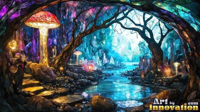 In a dark forest cave, a bright red mushroom stands beside a blue stream