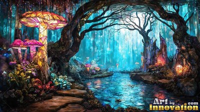Framing a blue stream, mosaic glass mushrooms rise under twisted trees