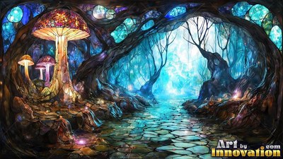 Colored glass mushrooms beside a stone path in a blue cave