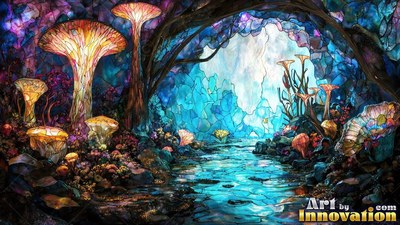 Brightly lit orange mushroom caps tower over a blue leaded glass cave river