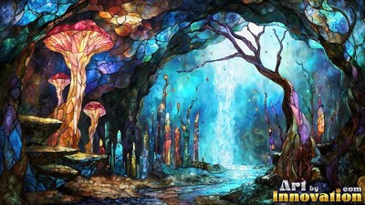 Tinted colored glass mushrooms rise inside a deep cave lit by bright blue water