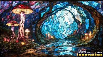 Standing tall in a blue tinted glass cave, red mushrooms rise beside a stream