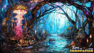Pink tinted clear glass mushrooms line a stony path through a dark blue forest archway