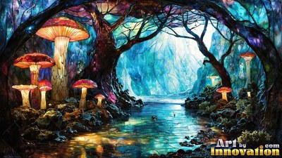 In a blue stained-glass forest, tall red mushrooms grow along a dark stream