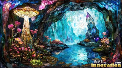 Standing beside a blue pool, a yellow mushroom rises inside a stained glass cave