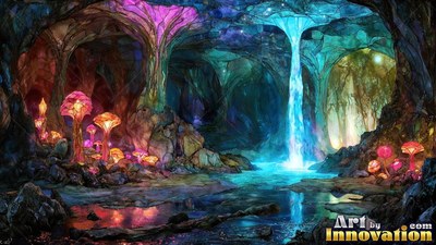 Bright pink mushrooms stand beside a blue waterfall inside a rocky cavern pool