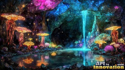 A waterfall pours into a cave pool beside large mushrooms lit with bright blue and gold light