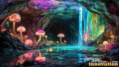Standing tall in a dark cave, pink mushrooms grow by a waterfall pool