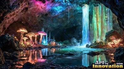 Large lighted mushrooms stand beside a pool under a bright waterfall in a dark cave