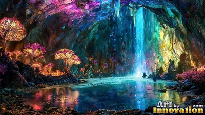 In a cavern with a pool, giant glass mushrooms shine by a blue waterfall